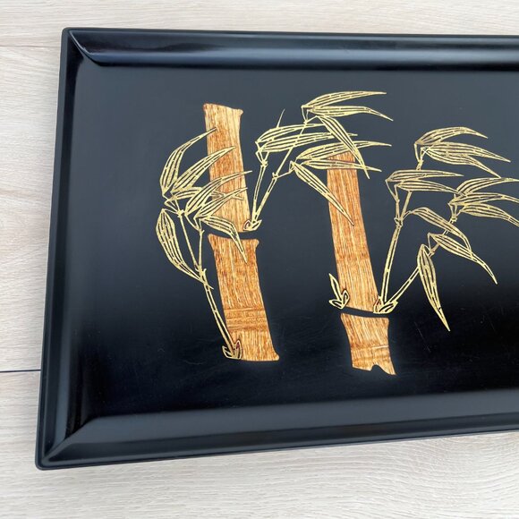 Vintage Couroc Monterey MCM Inlaid Brass Teak Wood Bamboo Rectangle Serving Tray - Picture 5 of 16